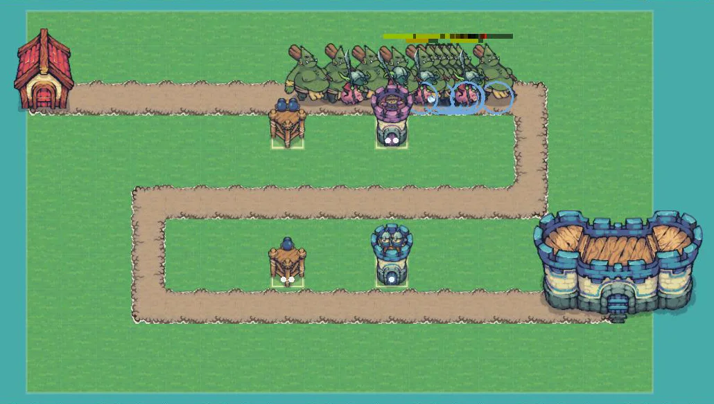 Una partida: morteros y escarcha frenando a un grupo de ogros antes del castillo.